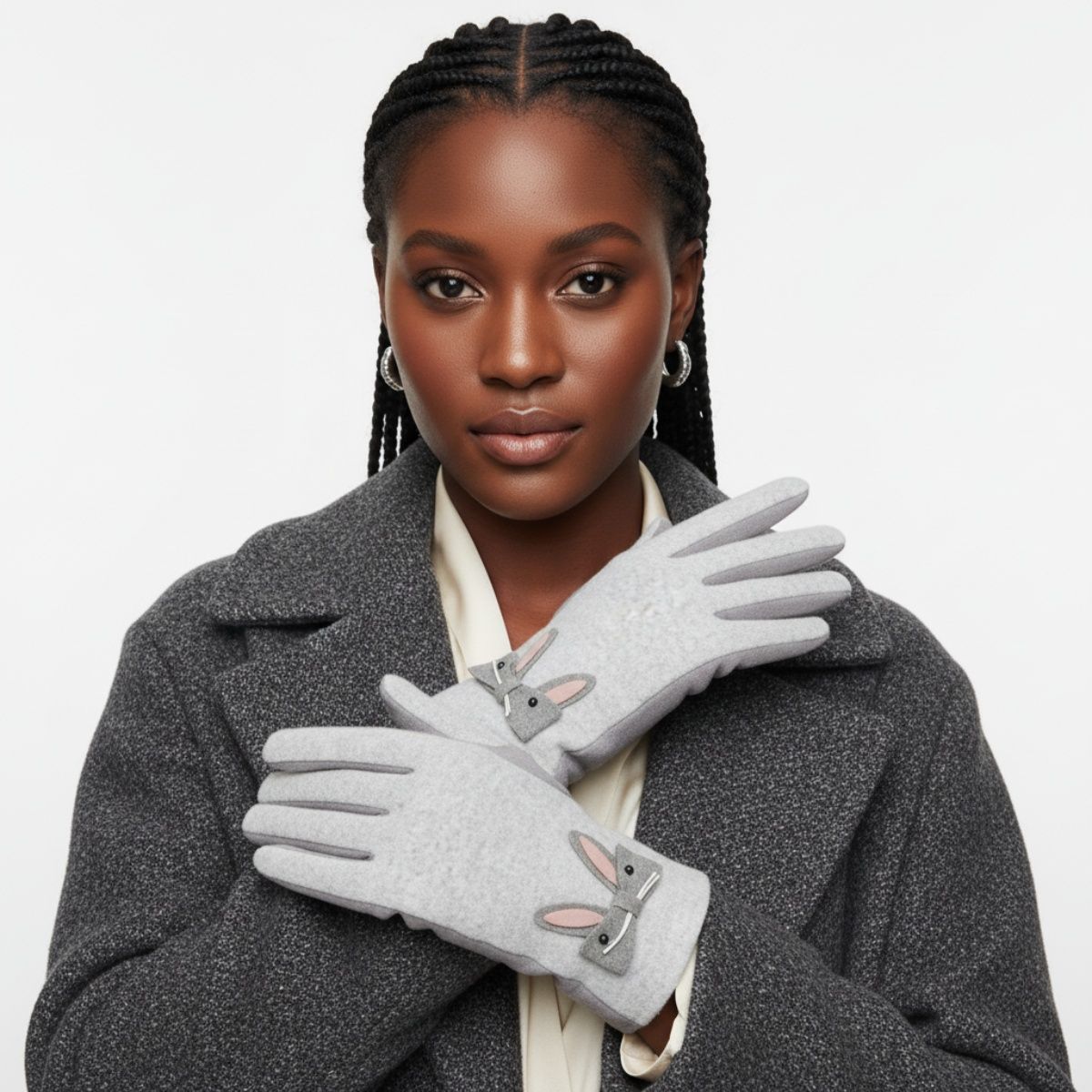 Winter Woolen Touchscreen Gloves Gray with Cute Rabbit Detail Stylish and Casual