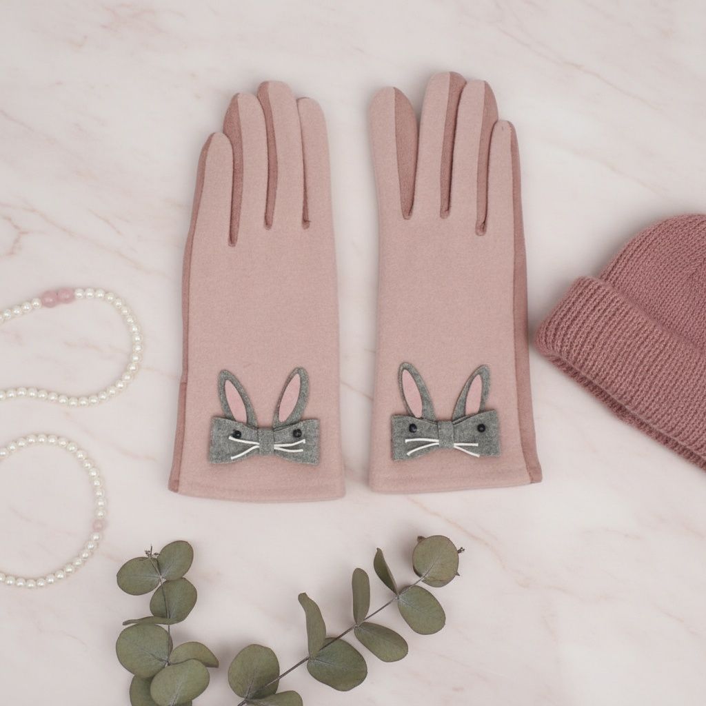 Winter Woolen Touchscreen Gloves Pink Cute Rabbit Design Stylish