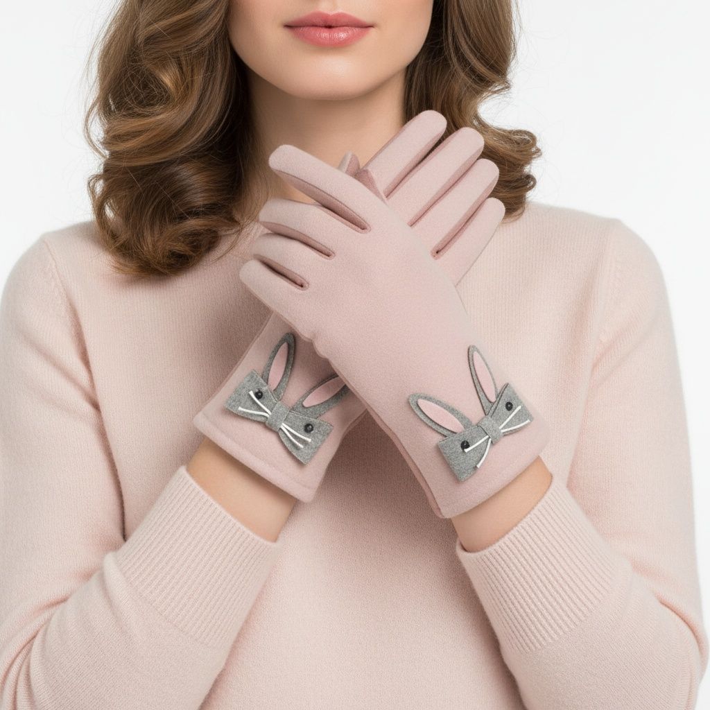 Winter Woolen Touchscreen Gloves with Cute Pink Rabbit Design, Stylish and Trendy