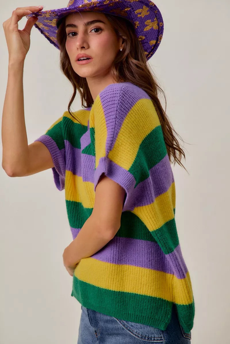 Mardi Gras Loose Fit V Neck Stripe Sweater Top