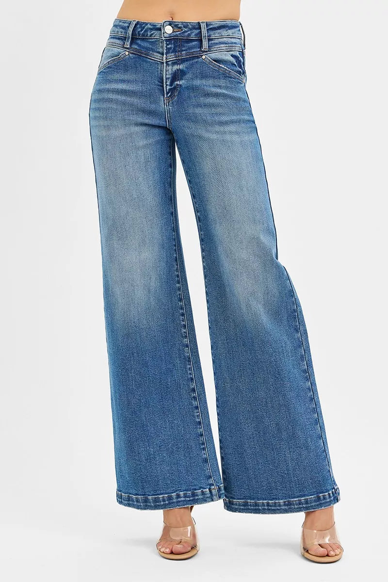 High Rise Wide Leg Jeans with Front Yoke and Heart Back Pocket