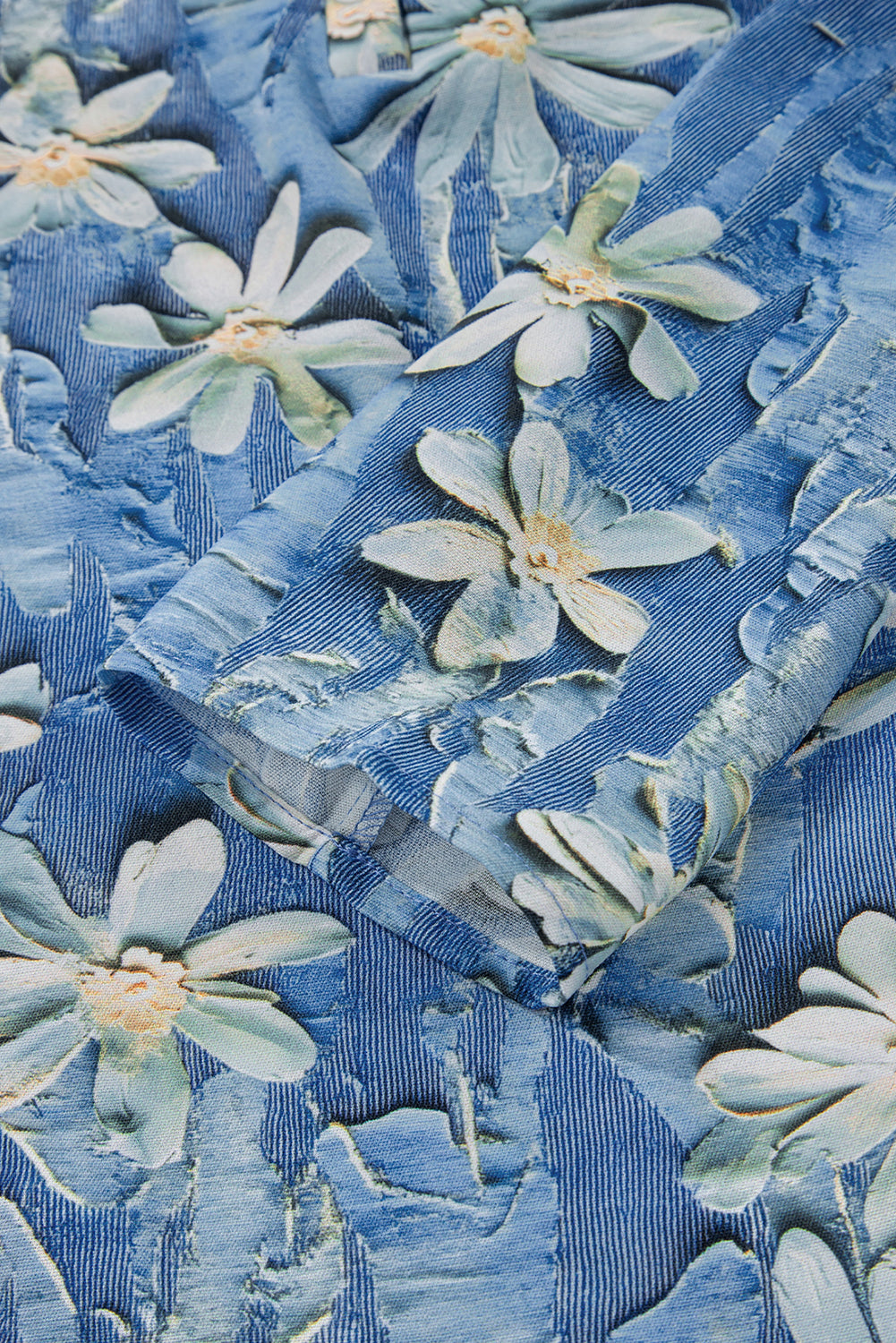Sky Blue Fall Floral Half Placket Collared V Neck Blouse