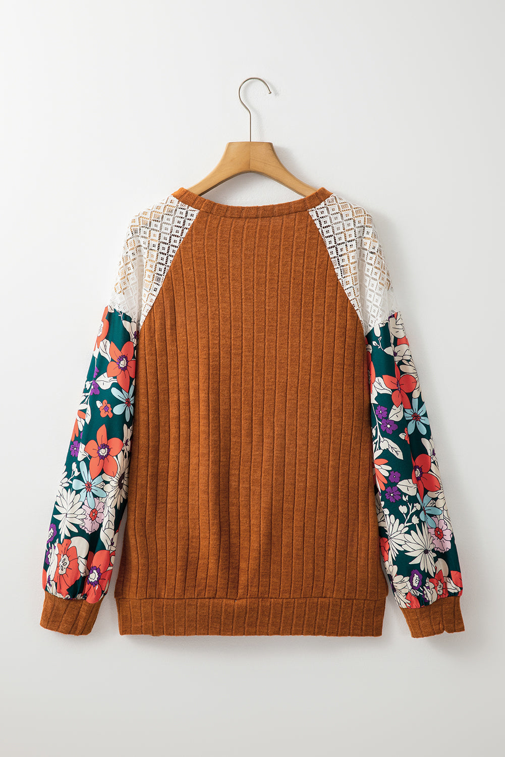 Parchment Floral Patchwork Raglan Sleeve Ribbed Blouse