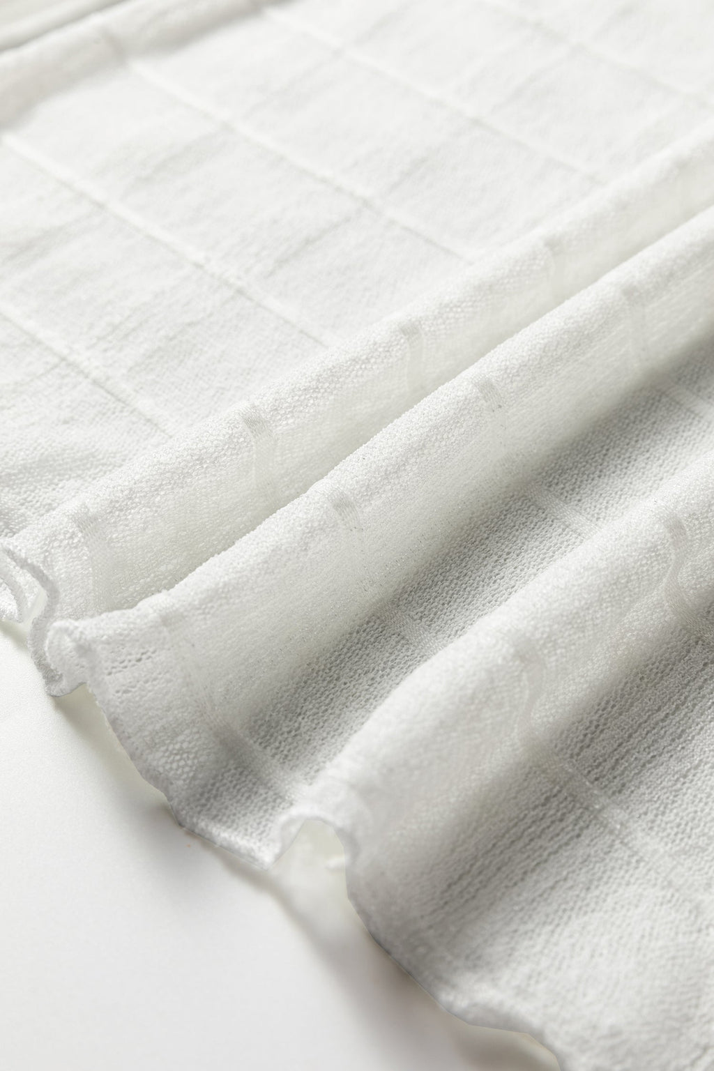White Sheer Plaid Mesh Lettuce Trim Slim Fit Long Sleeve Top