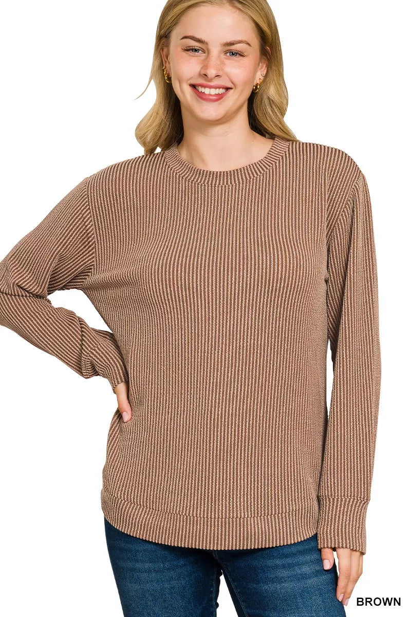 Full Size Raised Rib Round Neck Long Sleeve Top Plus Size