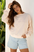 Beige Raw Edge Flower Patch Drop Shoulder Casual Top