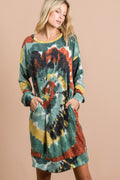 Tie Dye Print Knit Dress with Side Pocket