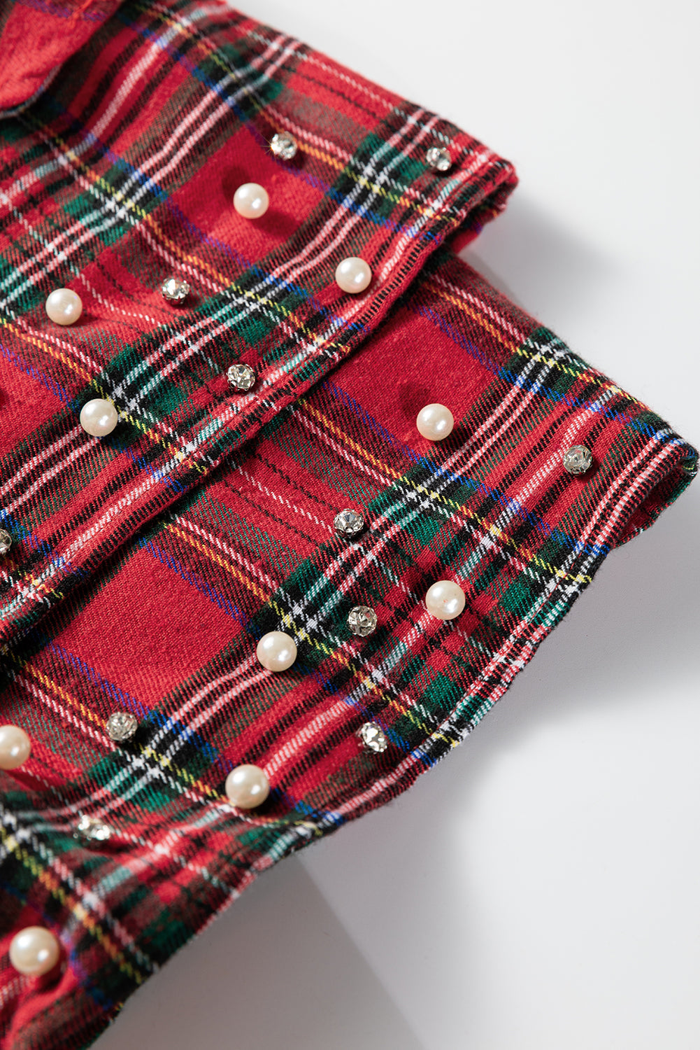 Red Festive Plaid Pearl Embellished Ruffle Short Sleeve Blouse