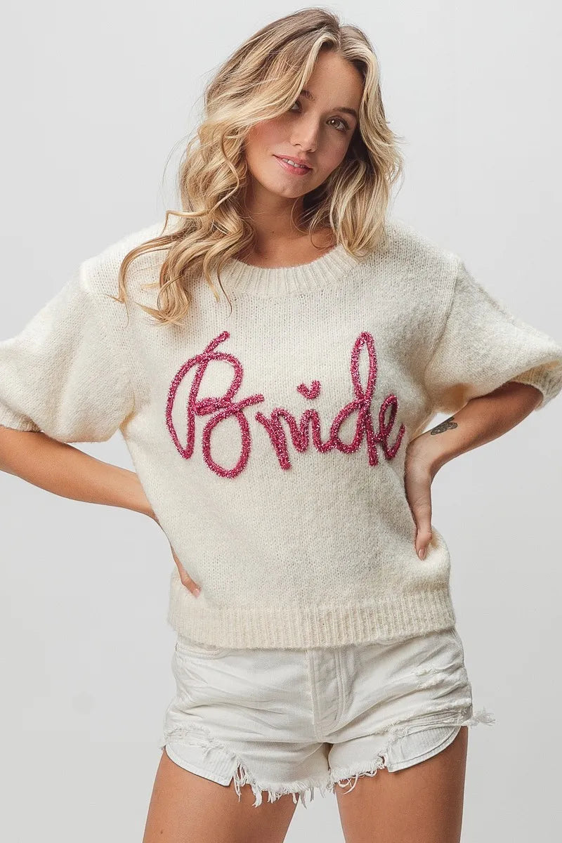 Metallic Letter Short Puff Sleeve Hairy Sweater