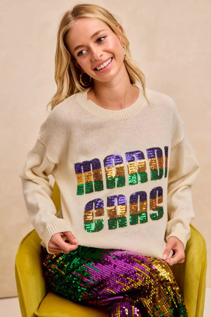 Mardi Gras Sequin Lattering Knit Top