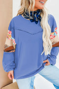 Blue Exposed Seam Floral Mixed Patchwork Relaxed Plus Size Top