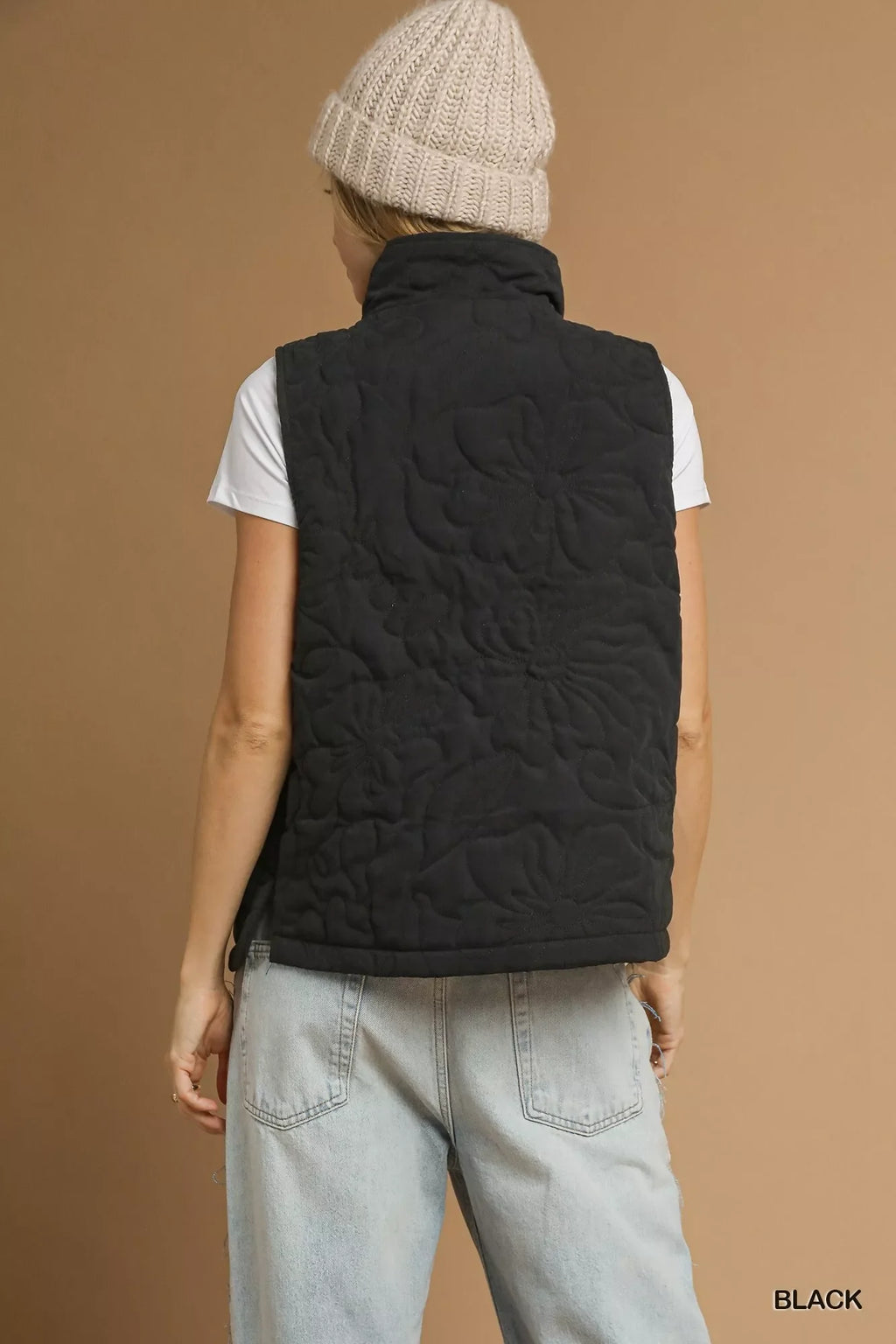 Quilted Floral Zip Up Vest with Pockets
