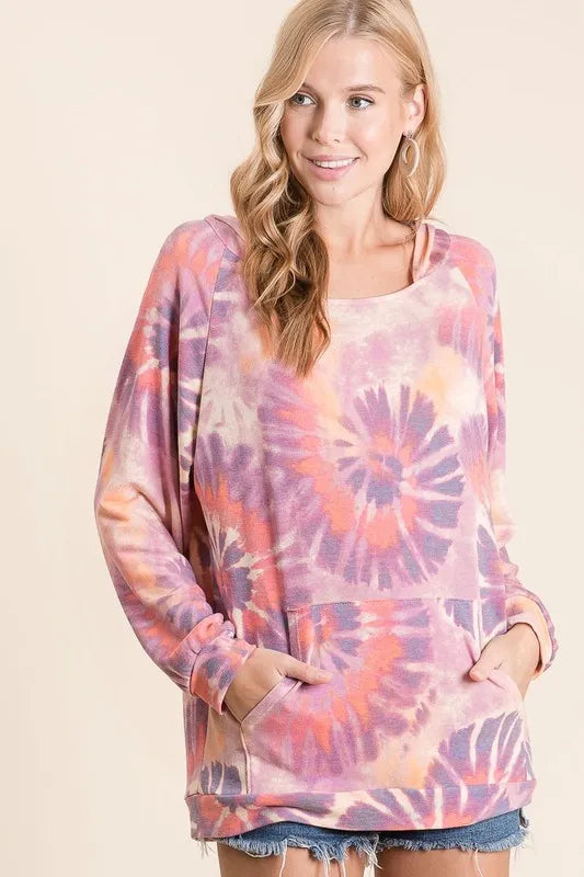 Circular Tie Dye Print Terry Hoodie with Kangaroo