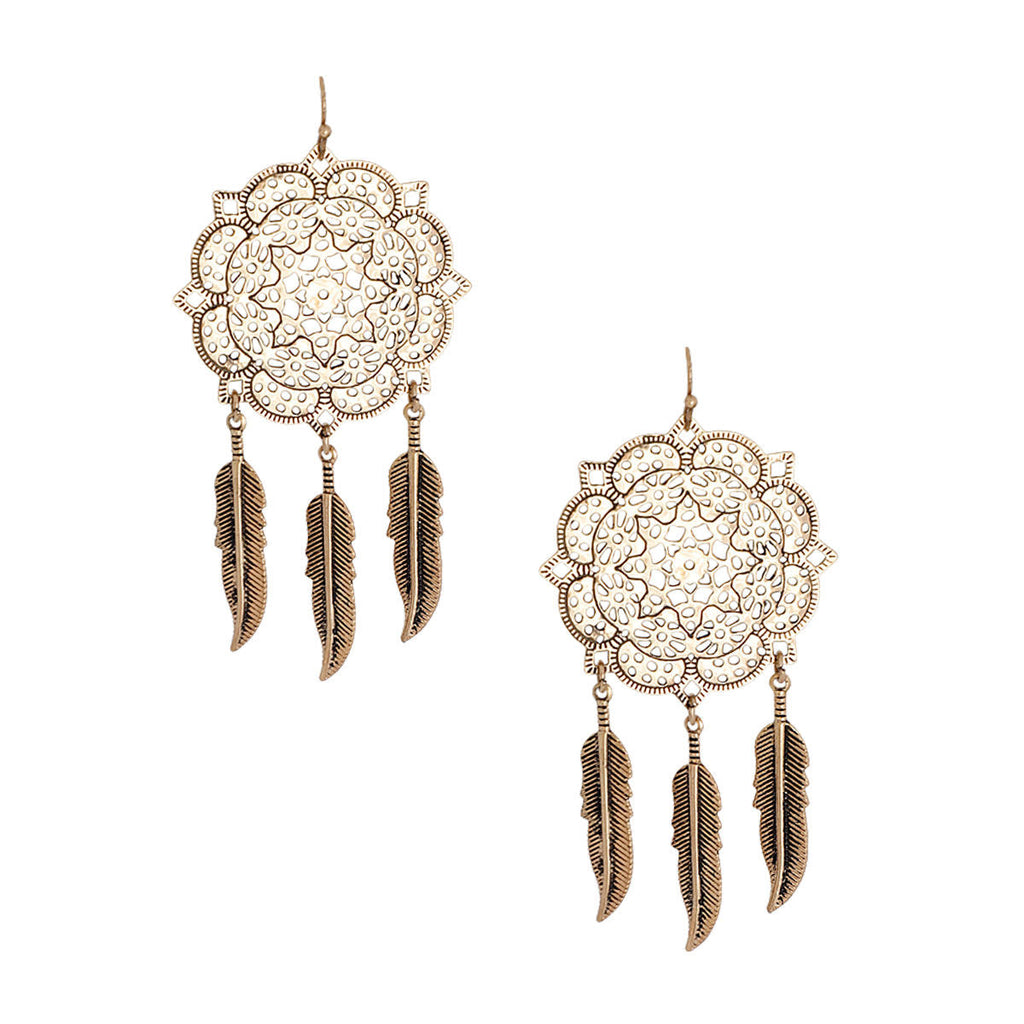 Filigree Feather Earrings Burnished Gold Stylish Statement Jewelry
