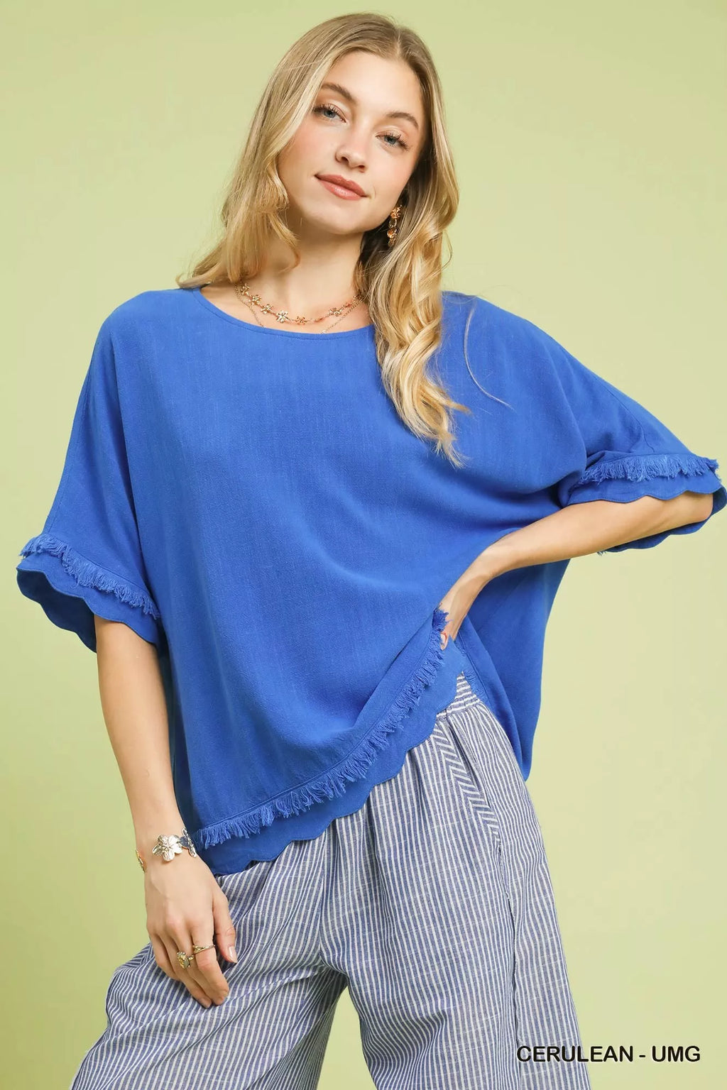 Linen Frayed Hem Scallop Edge Top