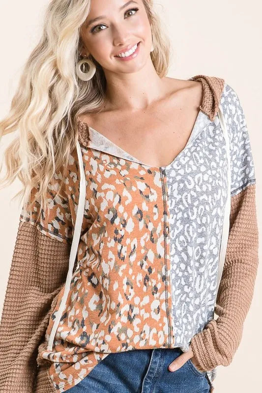 Popcorn Waffle Knit Hoodie with Print Block Front