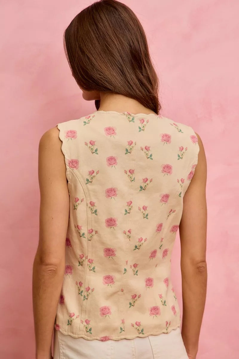 Floral Rose Cotton Twill Scallop Button Vest Top