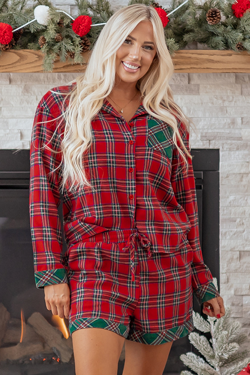 Red Plaid Contrast Patched Christmas Holiday Long Sleeve Shirt and Short 2pcs Pajama Set
