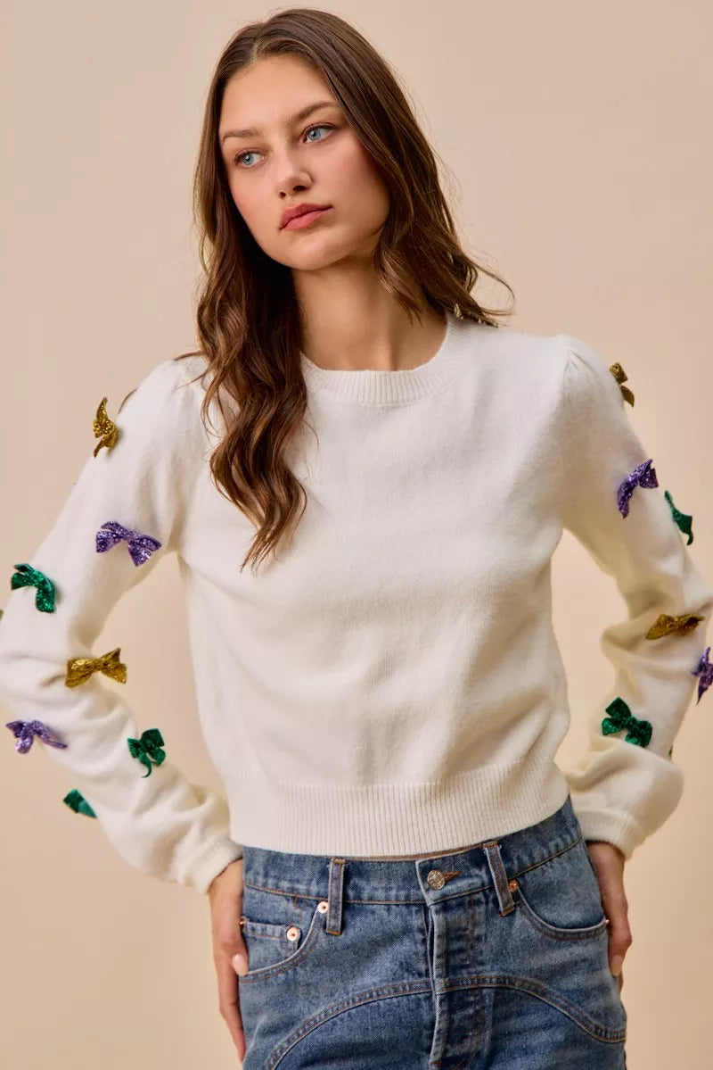 Mardi Gras Glitter Bow Ribbon Sweater Knit Top