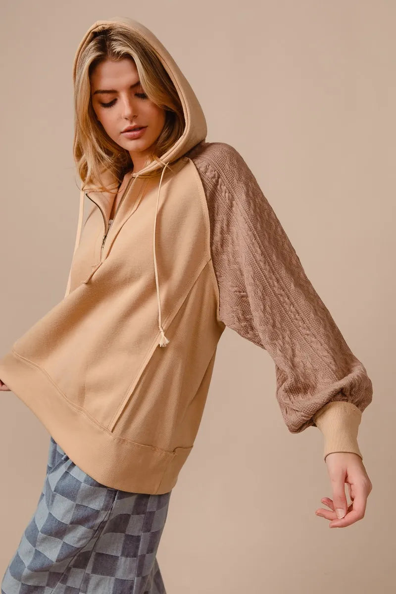Half Zip French Terry Hoodie with Kint Sleeves