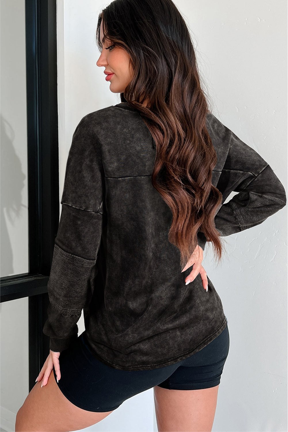 Carbon Grey Mineral Wash Exposed Seam Buttoned V Neck Pullover Top