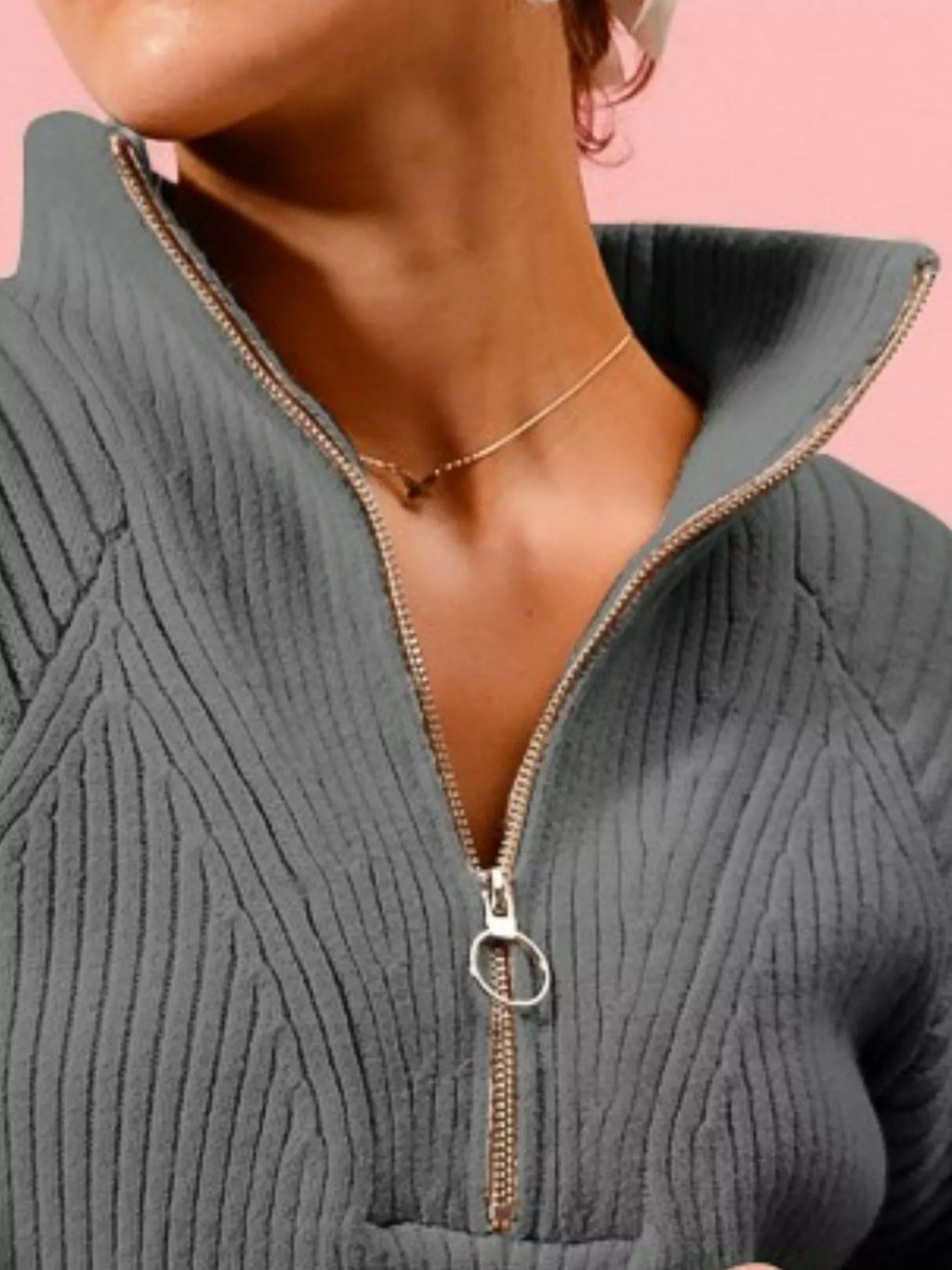 Half Zip Raglan Balloon Sleeves Ribbed Sweater