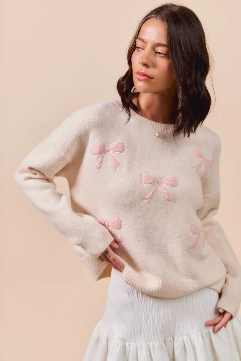Embroidered Ribbon Round Neck Sweater