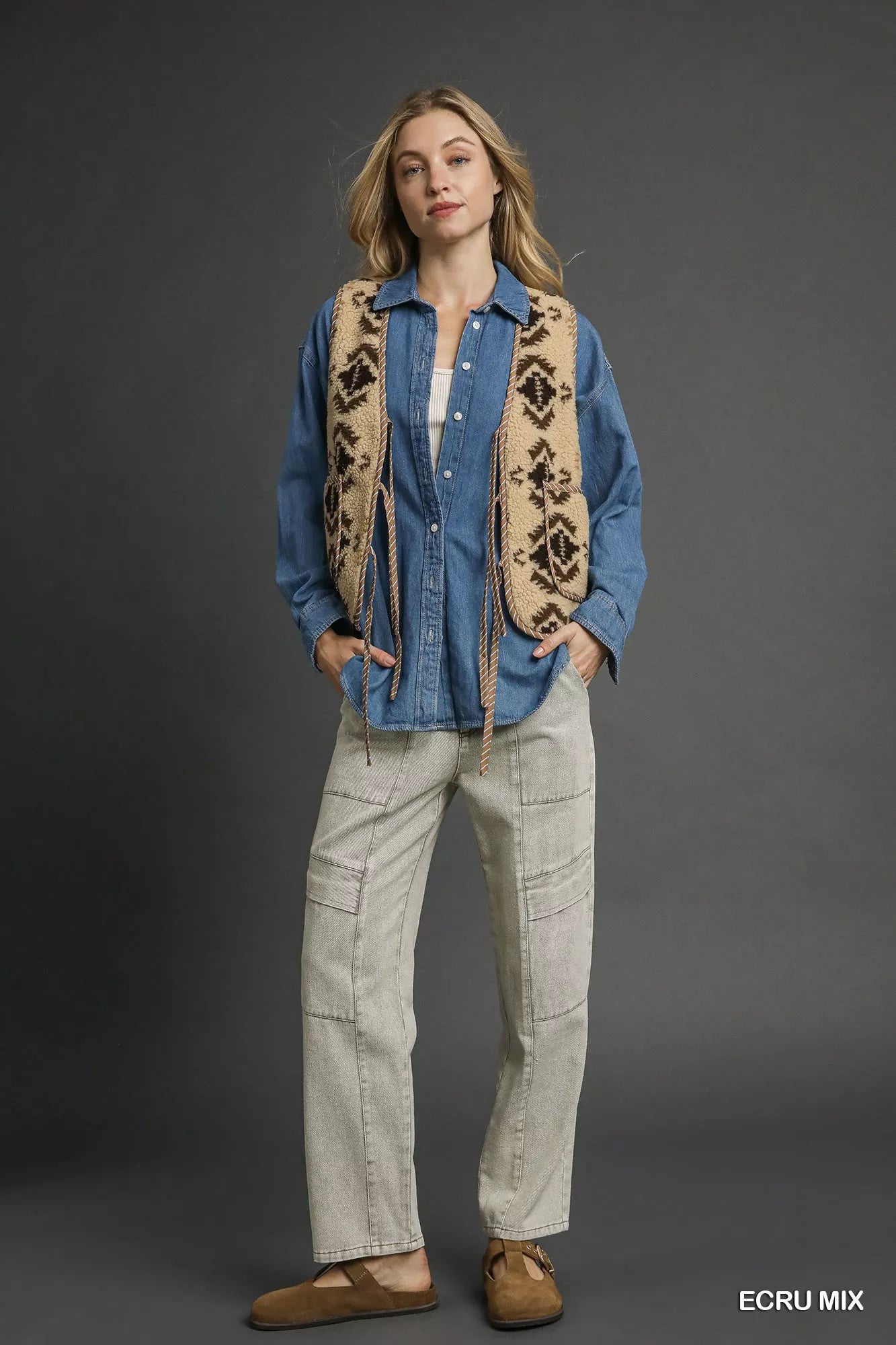 Mix Patterned Sherpa Tie-Front Vest