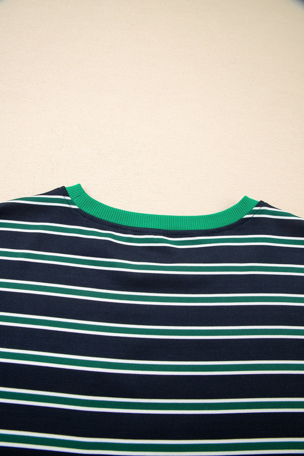 Green Stripe Ribbed Color Block Patchwork Crew Neck Patch Pocket Long Sleeve Top