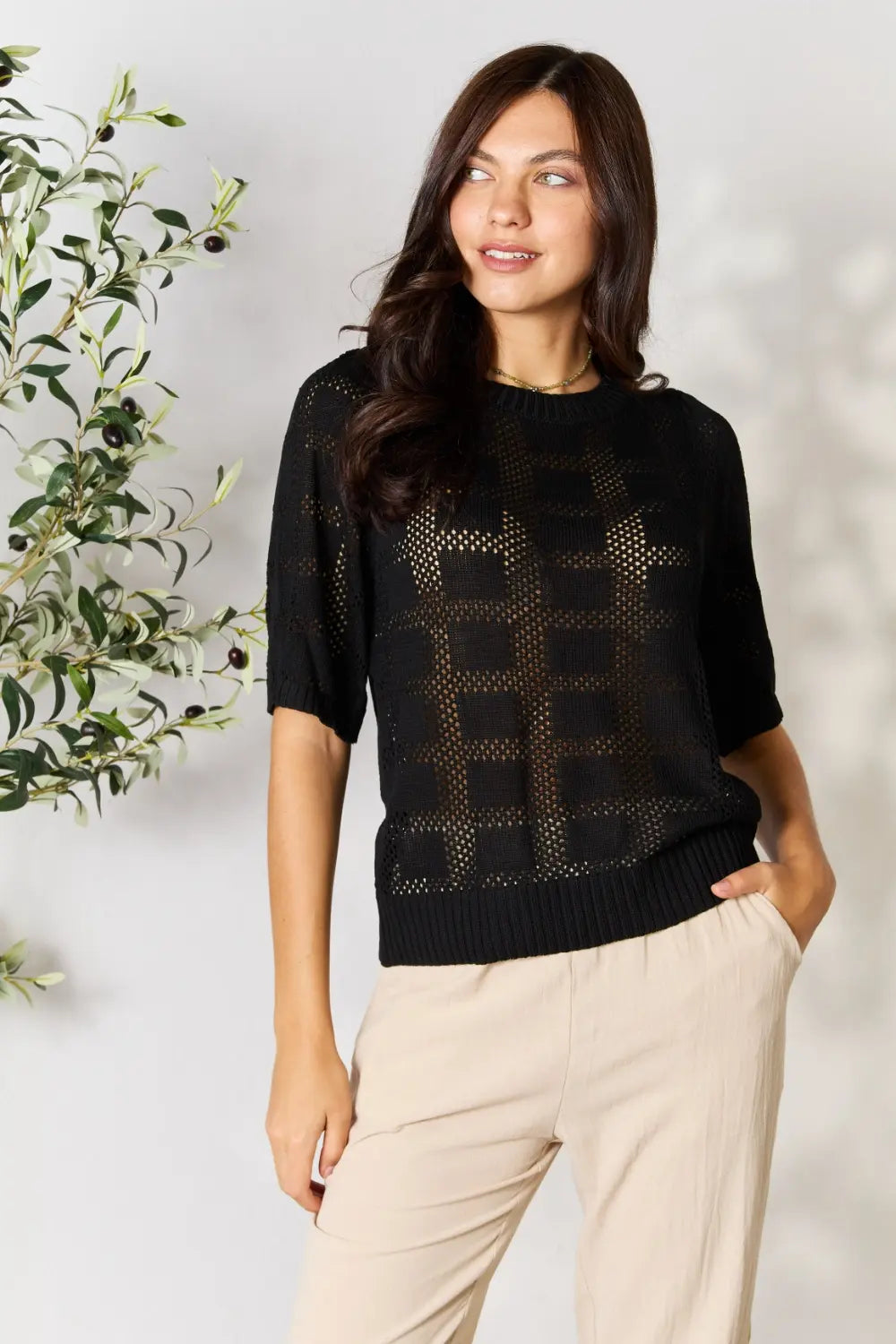 I am a Fashion junky Ribbed Trim Round Neck Knit Top