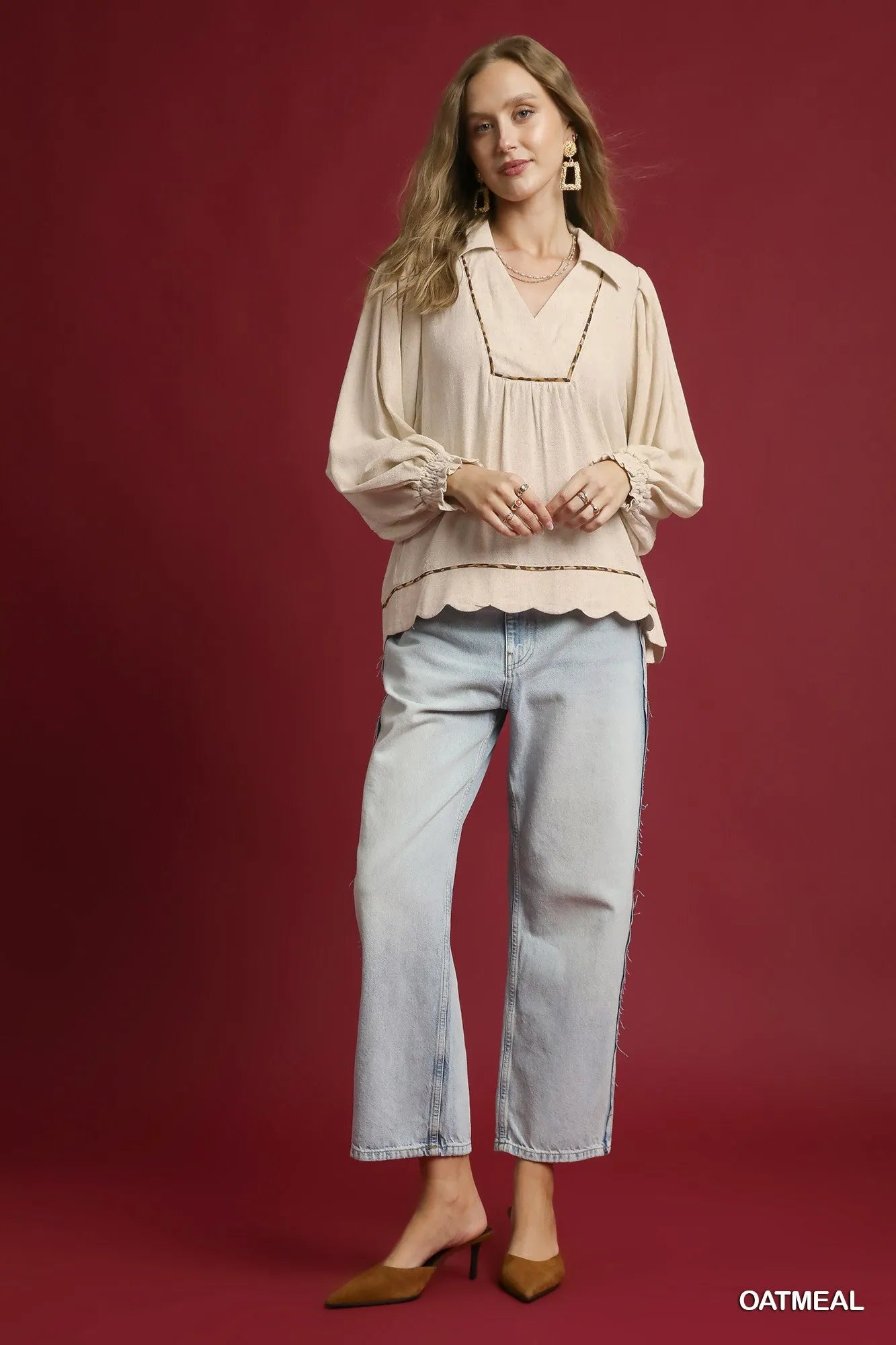 Full Size Linen Scallop Hem Blouse with Contrast Trim Plus Size