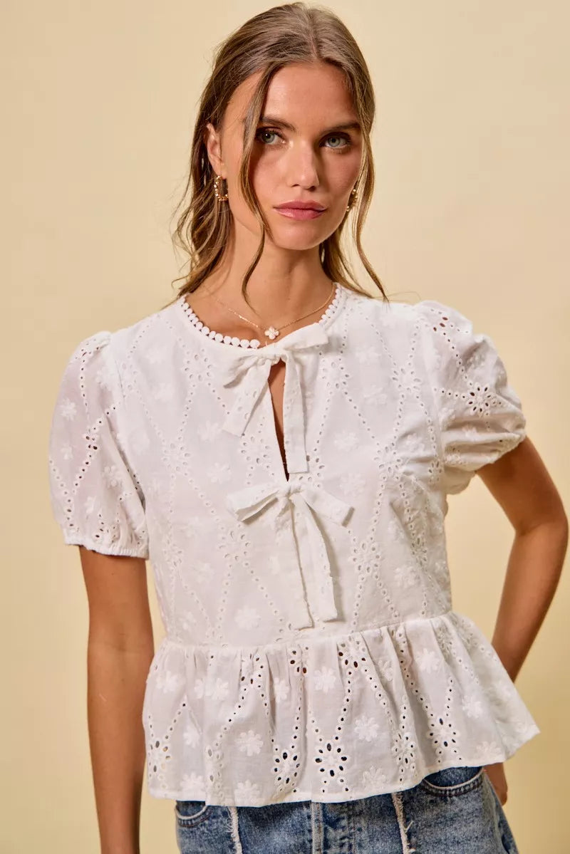 Cotton Eyelet Front Tie Short Sleeves Blouse