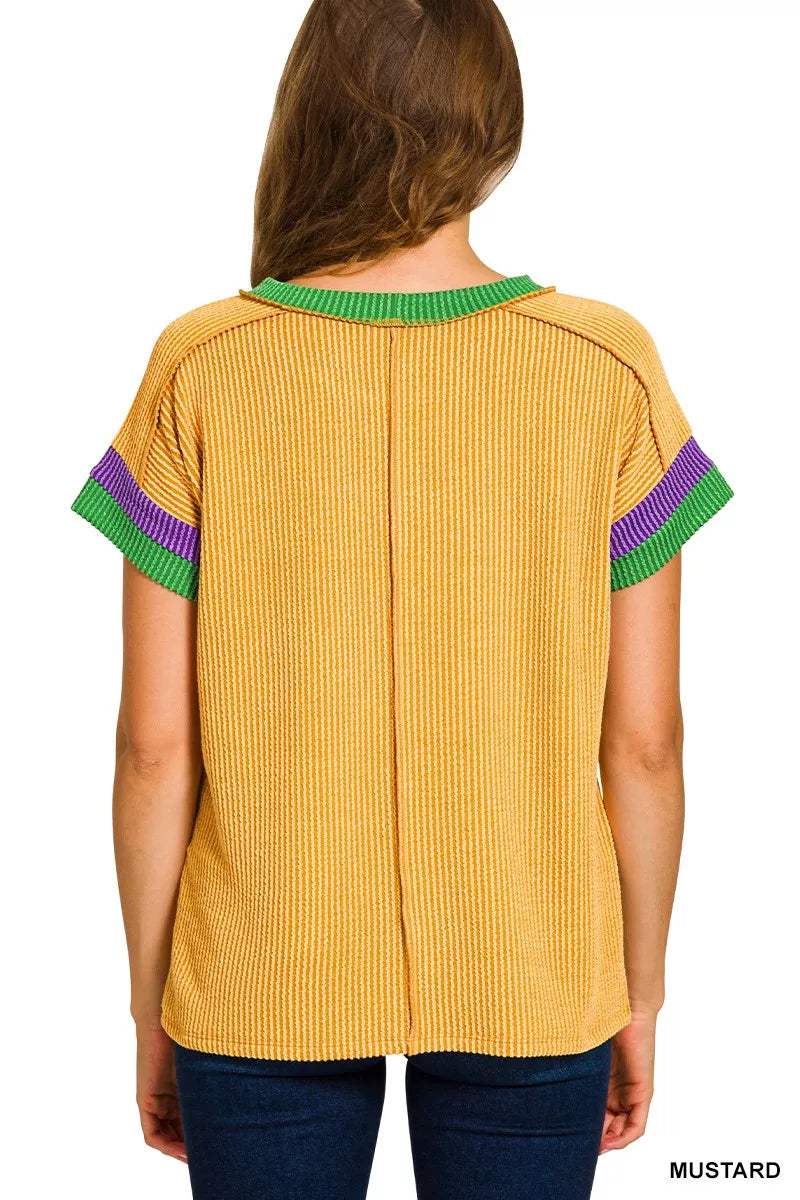 Mardi Gras Raised Rib Contrast Trim Top