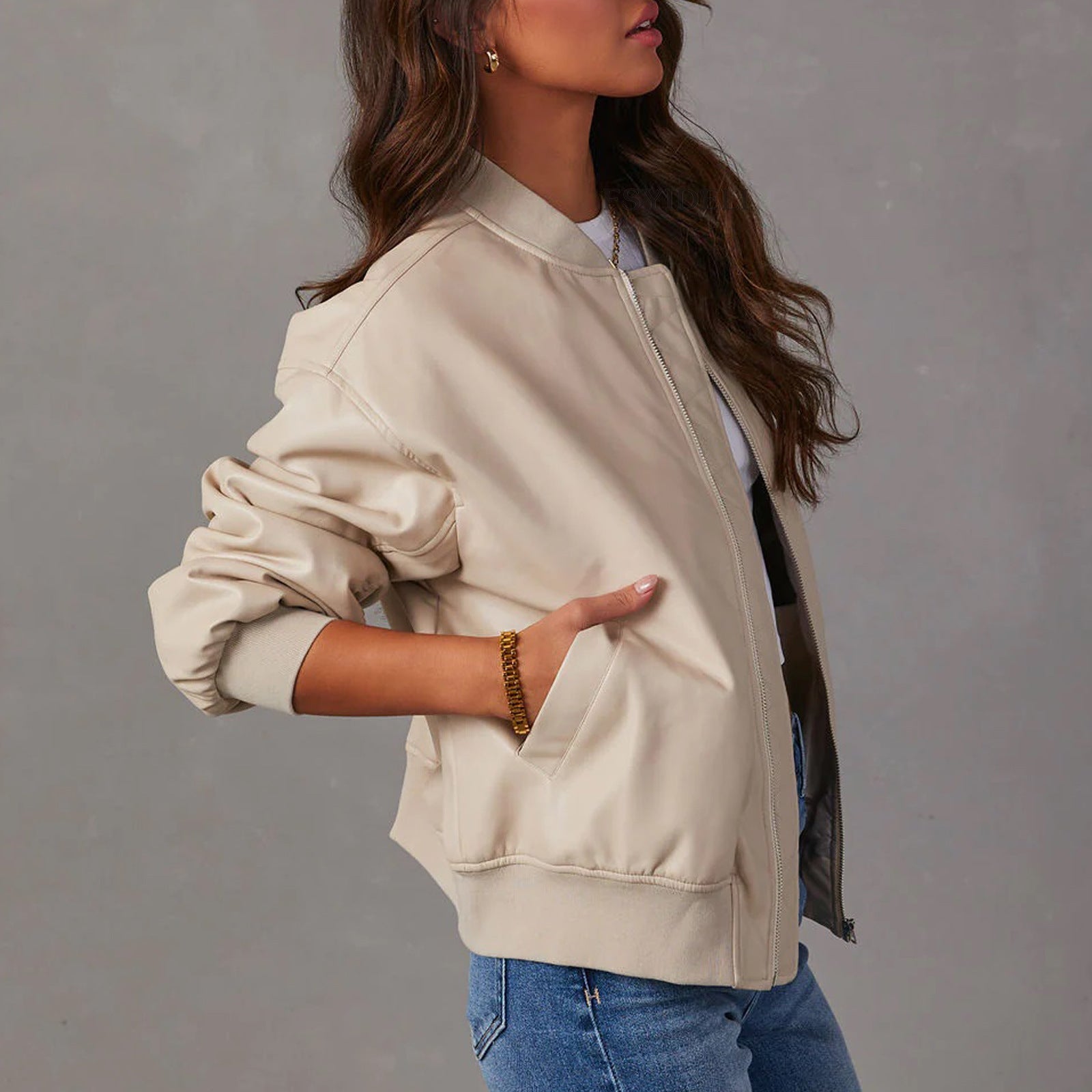 Women's Leather-Look Baseball Jacket - Long Sleeve Motorcycle Style Coat (Black/White/Brown, S-XL)