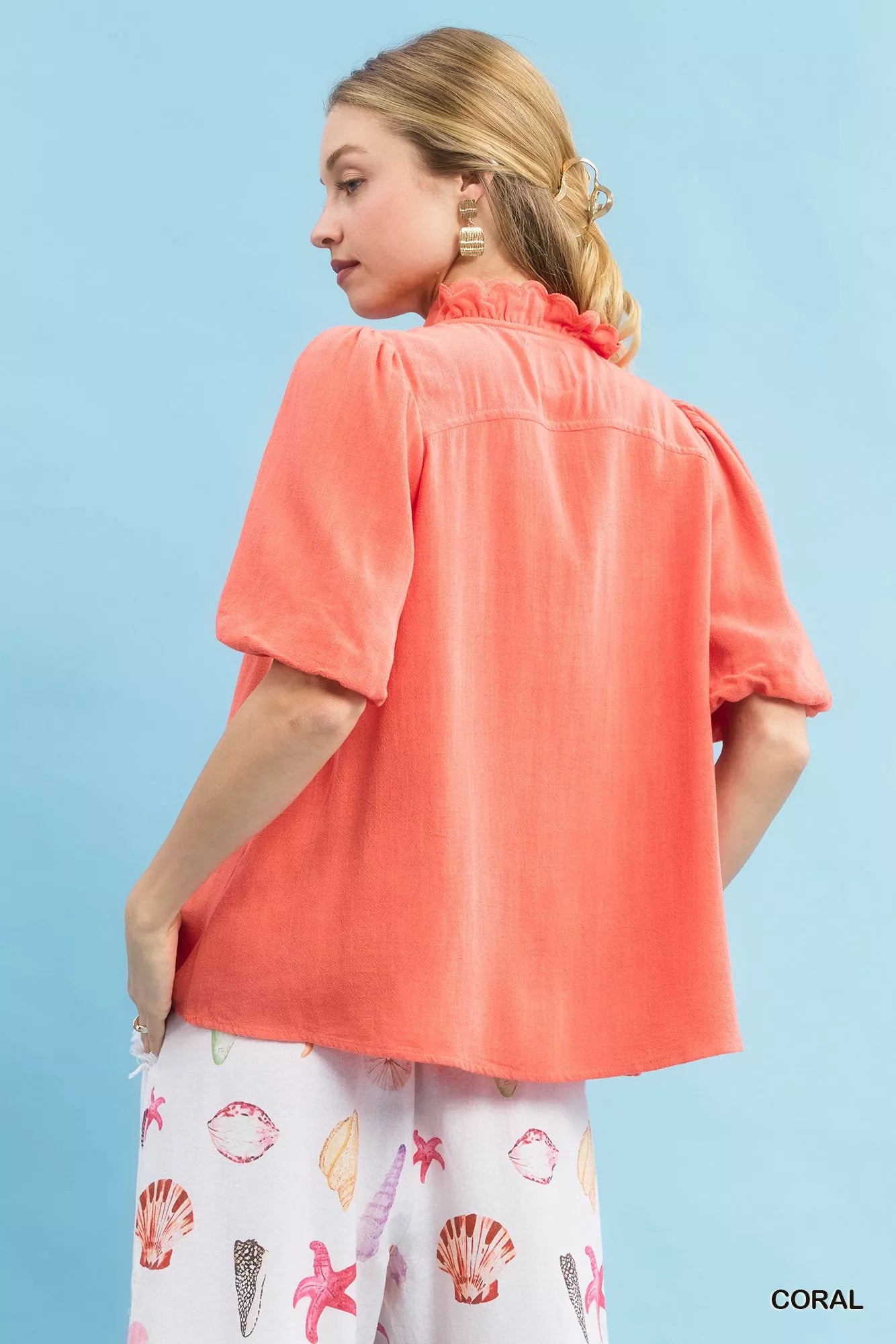 Linen Scallop Trim V-Neck Blouse