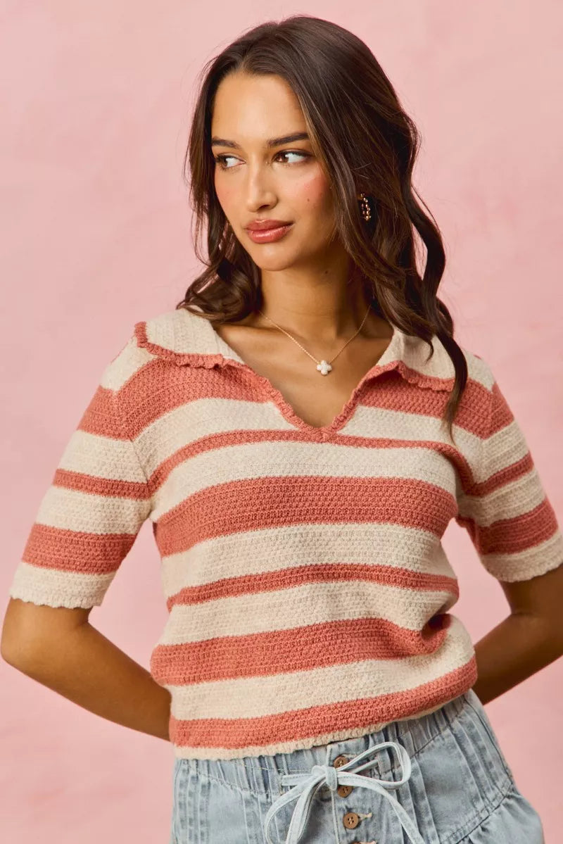 Stripe Short Sleeve Cropped Sweater