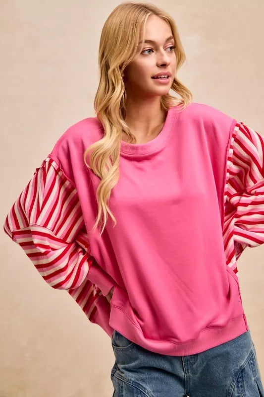 French Terry Stripe Combo Sweatshirt with Open Seam