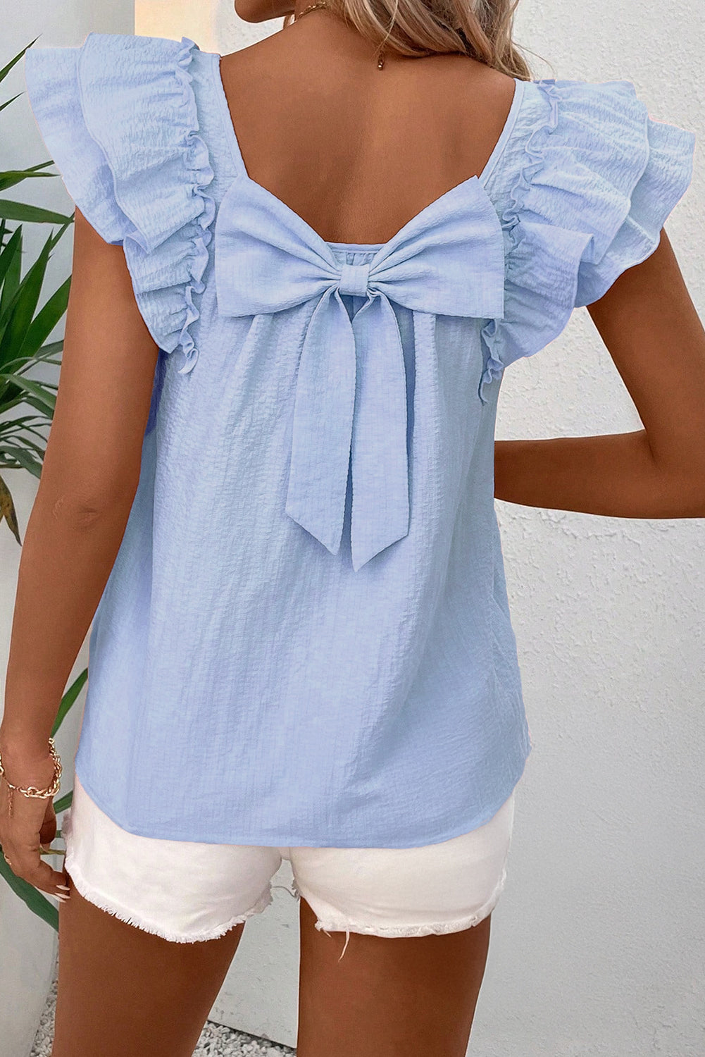 Beige Textured Bow Frilled Ruffle Sleeve Blouse