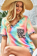Tie Dye Print V Neck Top With Front Patch Pocket