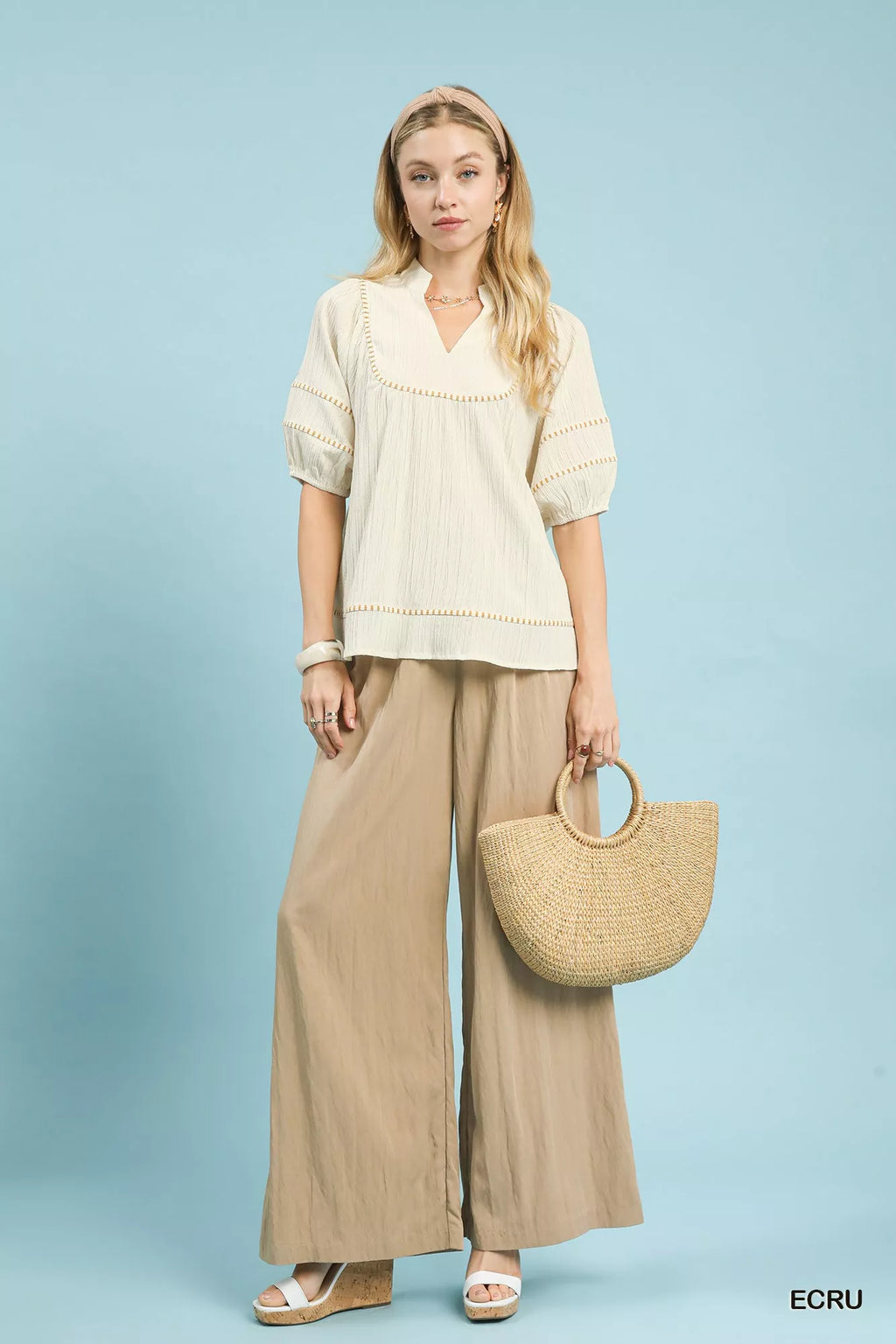 Textured Short Sleeve Top with Contrast Trim