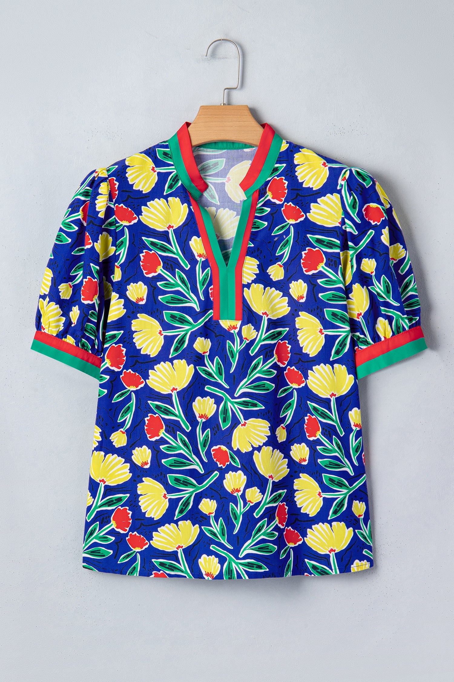 Blue Wild Floral Printed Contrast Striped Patchwork V Neck Short Sleeve Blouse
