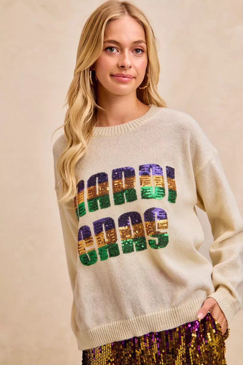 Mardi Gras Sequin Lattering Knit Top