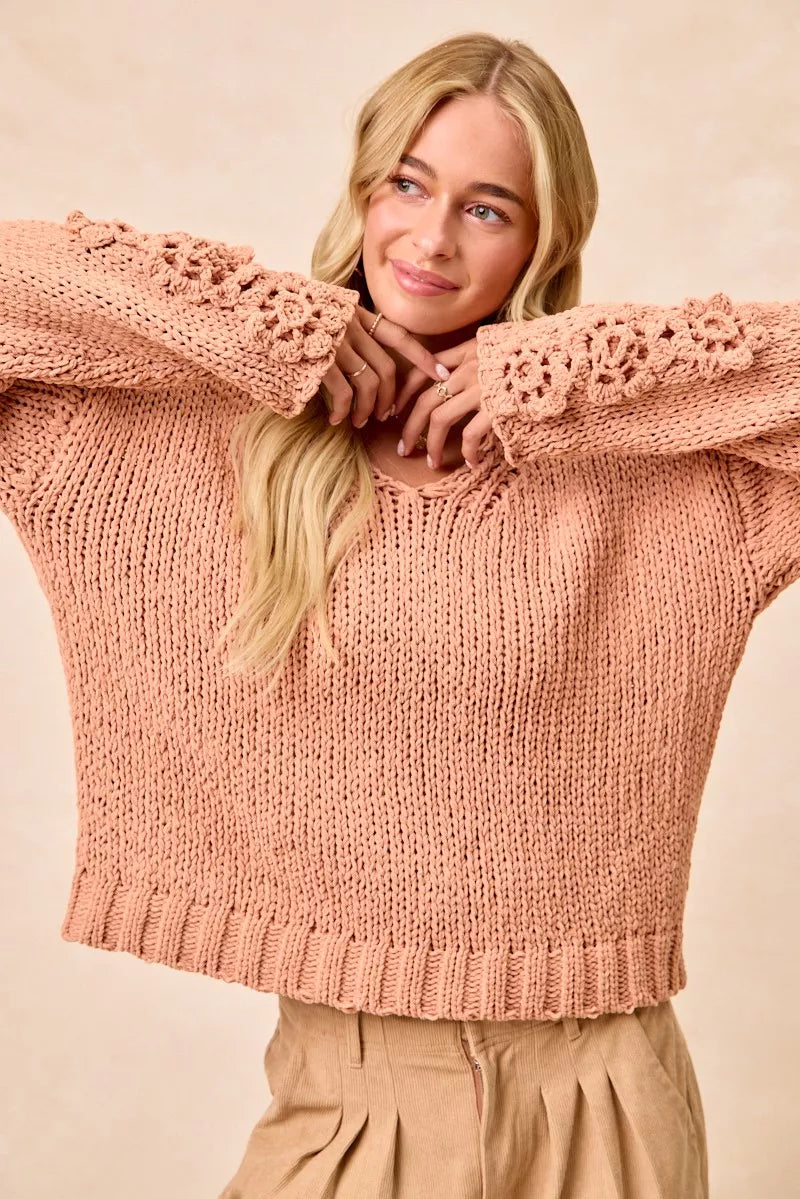 Chunky Knit Sweater with Flower Detail Sleeves