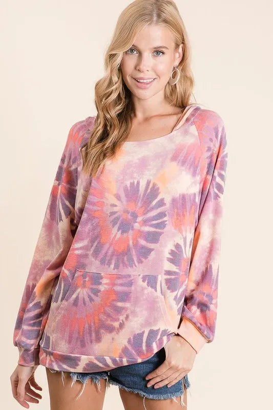 Circular Tie Dye Print Terry Hoodie with Kangaroo