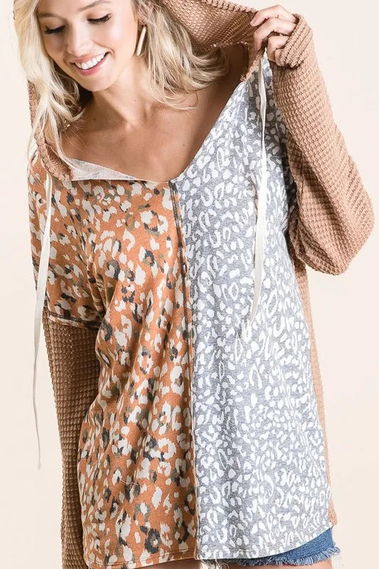 Popcorn Waffle Knit Hoodie with Print Block Front
