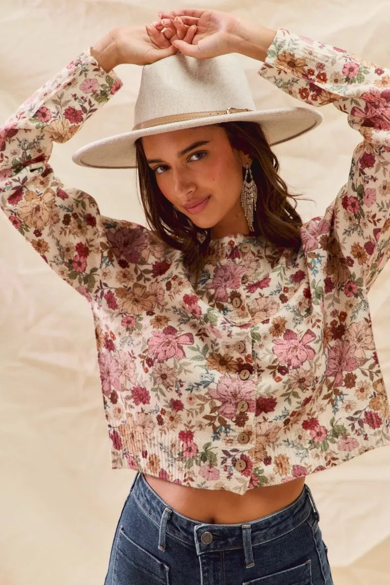 Floral Print Button Front Sweater Cardigan