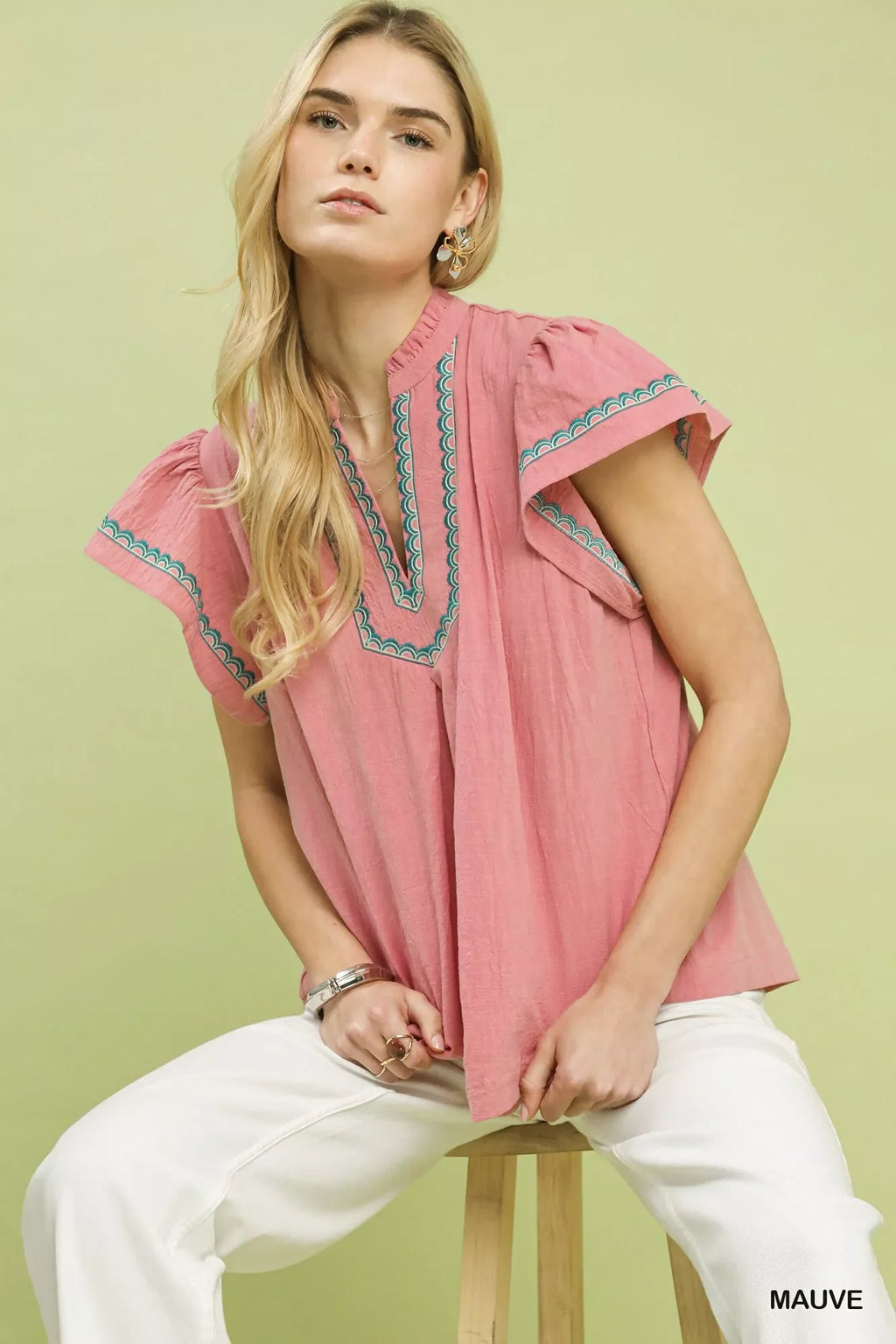 Embroidered Flutter Sleeve Blouse