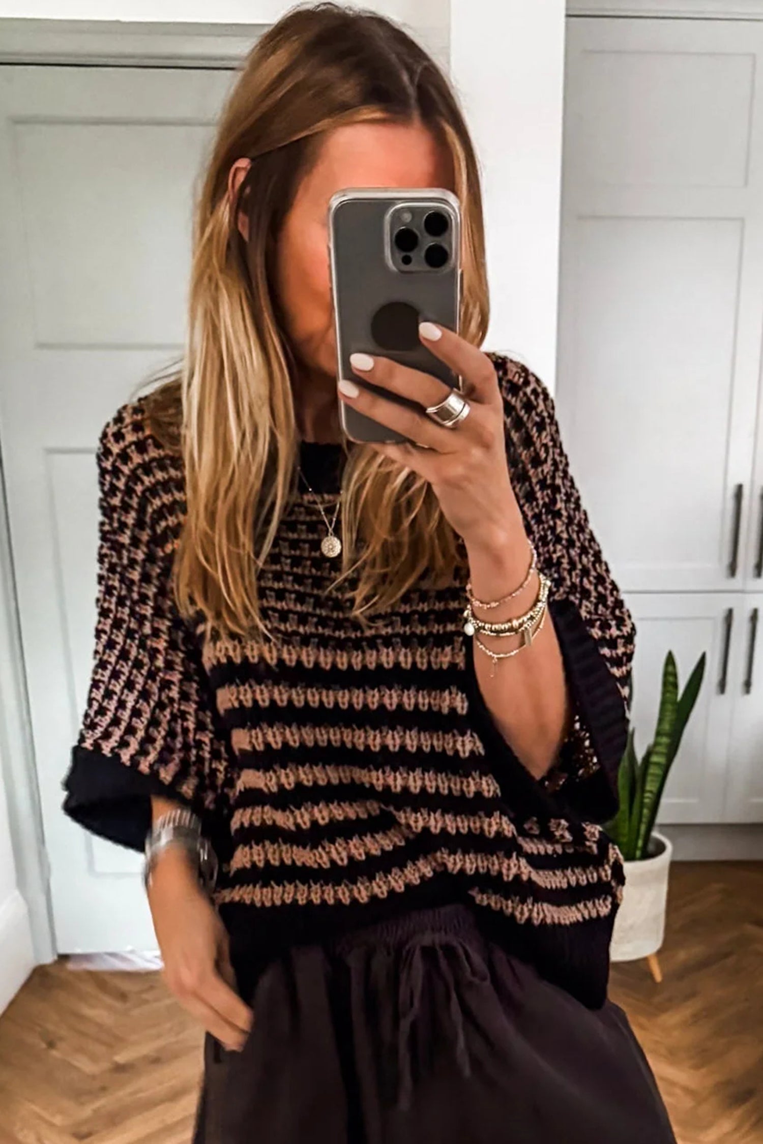 Black Stripe 3/4 Draped Sleeve Slouchy Sweater