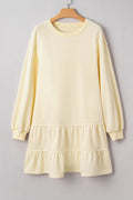 Beige Double Tiered Ruffle Hem Long Sleeve Loose Mini Dress