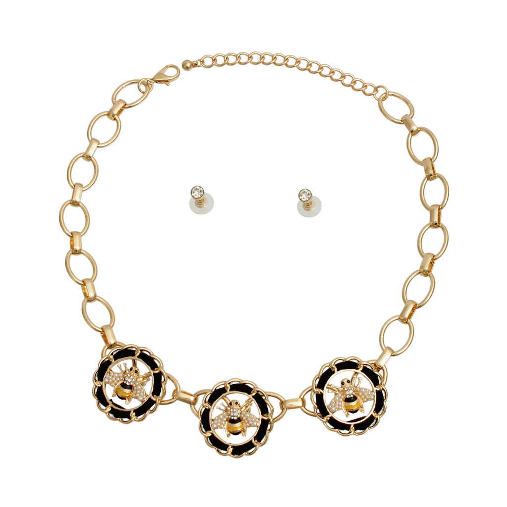 Statement Gold Cable Chain Necklace with Black Bee Pendant